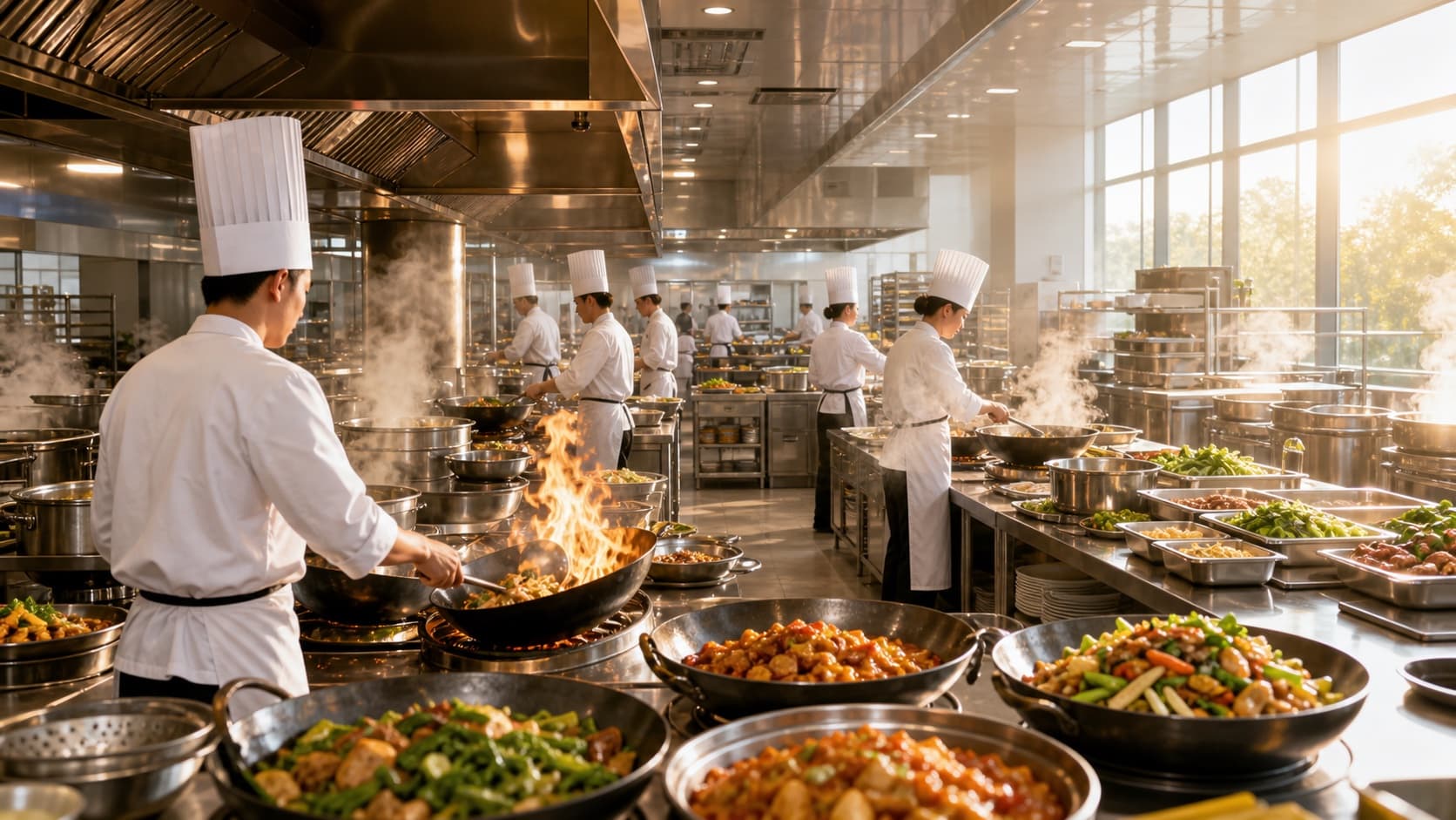 Professional Asian chef team wearing tall white hats in a bright kitchen with visible steam and cooking energy