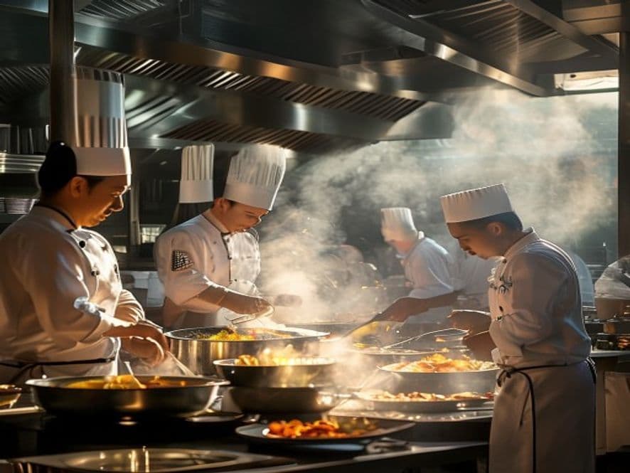 Professional Asian chef team wearing tall white hats in a bright kitchen with visible steam and cooking energy