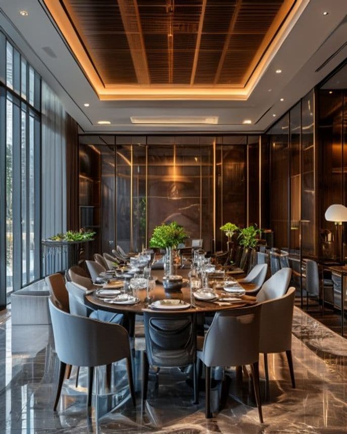 Polished financial institution dining room with refined table settings and calm business atmosphere