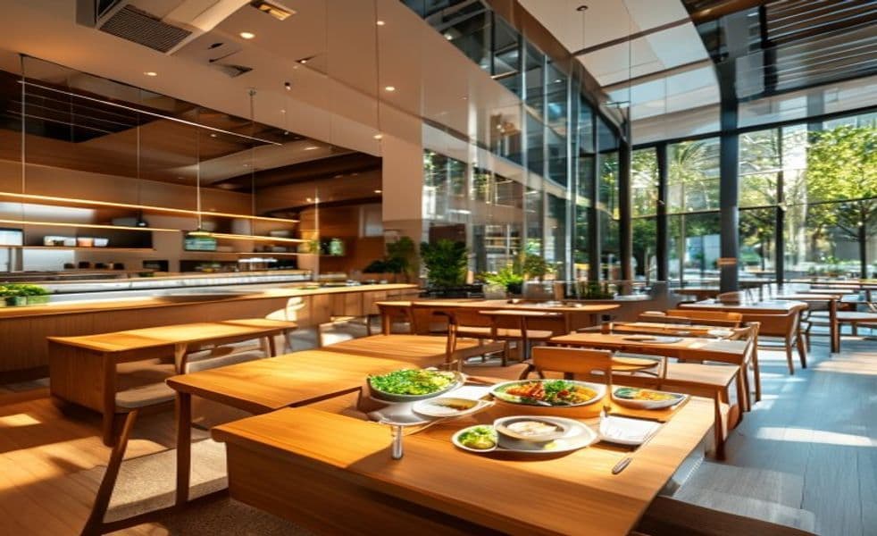 Bright premium corporate headquarters cafeteria with natural light, service counters, and appetizing meals