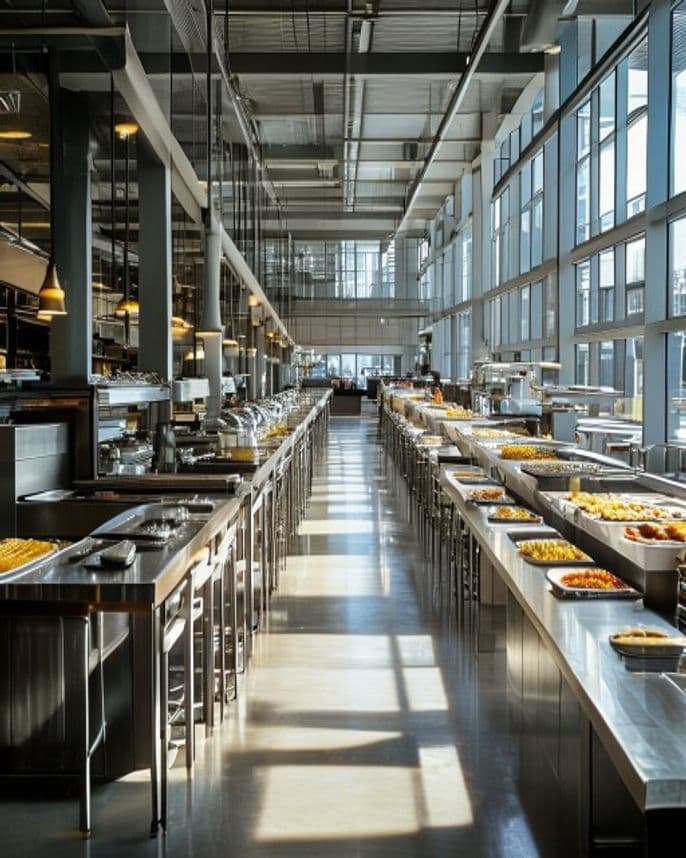 Bright manufacturing base employee canteen with industrial scale service counters and clean order