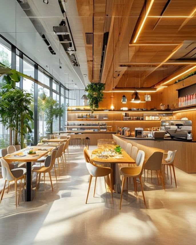 Bright R&D center cafeteria with warm wood, coffee service, and healthy dining atmosphere