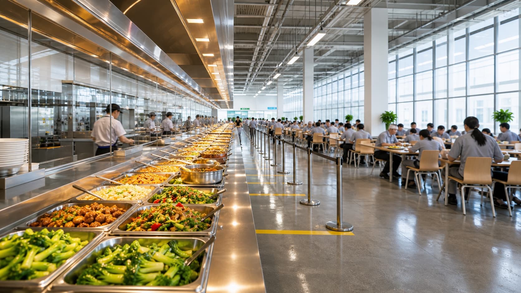 Large bright industrial employee dining and service line for manufacturing base catering